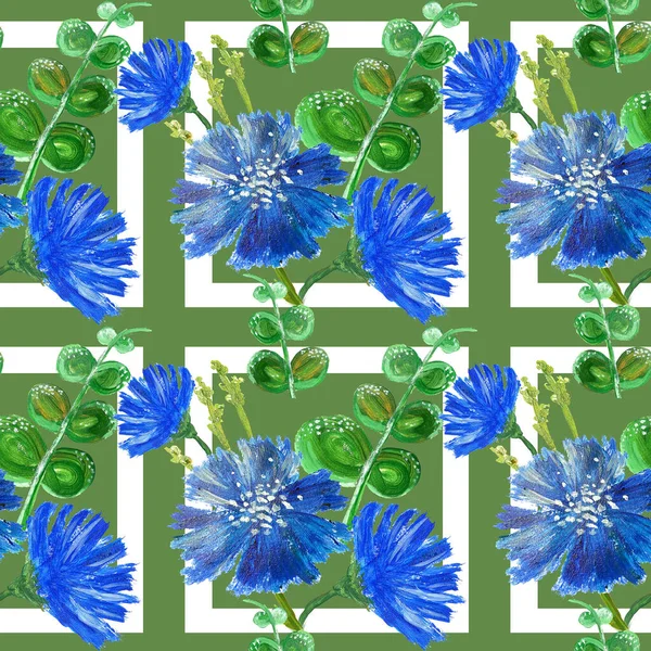 Petites Fleurs Bleues Chicorée Bleuets Sont Dessinées Gouache Simple Motif — Photo