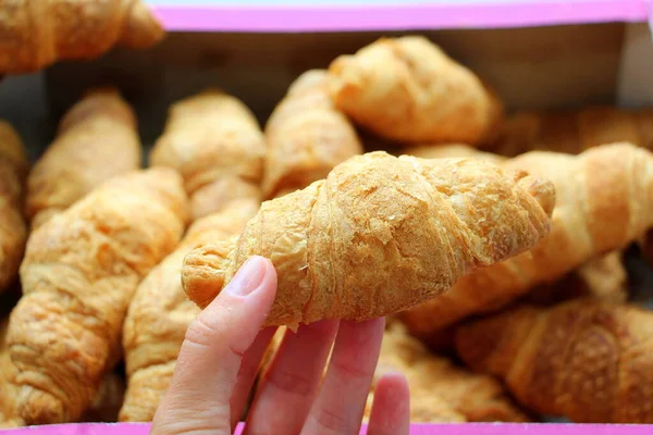 Croissants with condensed milk in hand. Sweet dessert Baking for tea.