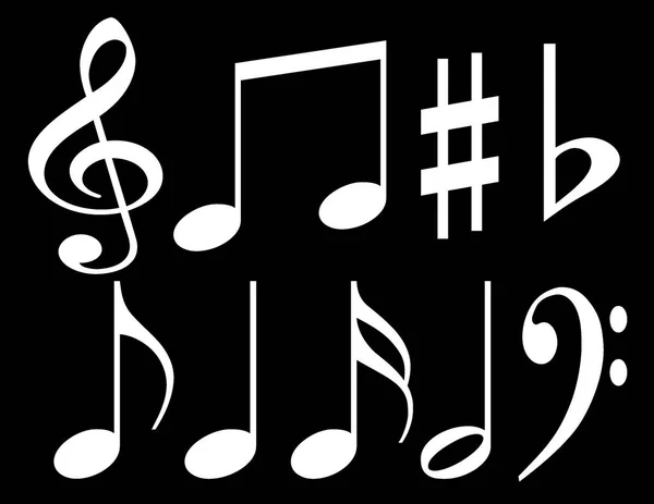 黒い背景の白い音楽ノート 基本的な音楽記号 創造的なイラスト 標識のセット — ストック写真