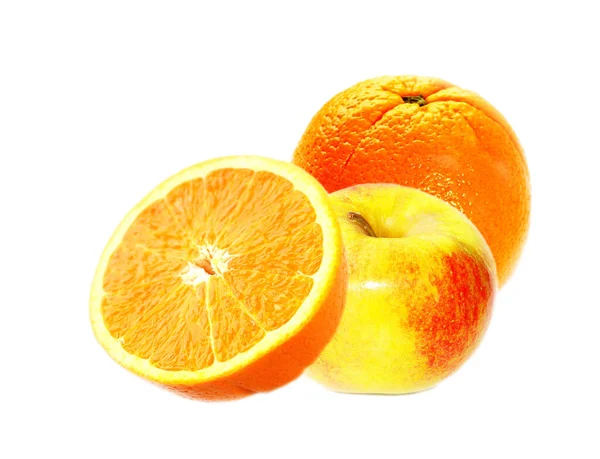 Naranja Manzana Sobre Fondo Blanco Aislado Bodegón Amarillo Naranja Frutas — Foto de Stock