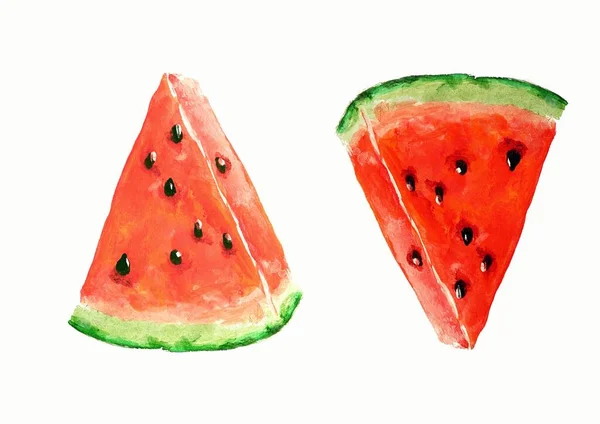 Wassermelonenscheiben Isoliert Auf Weißem Hintergrund Bemalt Mit Acrylfarben Kann Verwendet — Stockfoto