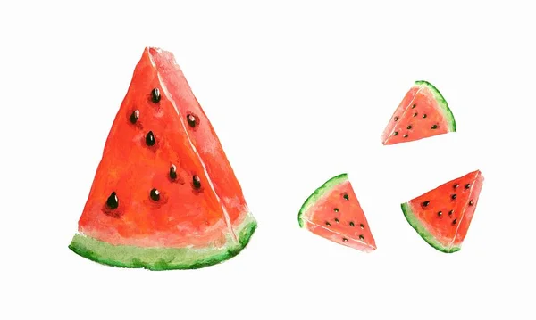 Wassermelonenscheiben Isoliert Auf Weißem Hintergrund Bemalt Mit Acrylfarben Kann Verwendet — Stockfoto