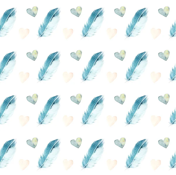 Blauwe Veren Harten Eenvoudig Naadloos Aquarelpatroon Voor Trendy Prints Textiel — Stockfoto