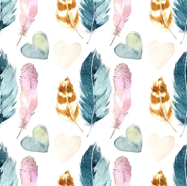 Blue Feathers Hearts Simple Seamless Watercolor Pattern Trendy Prints Textiles — Stock Photo, Image