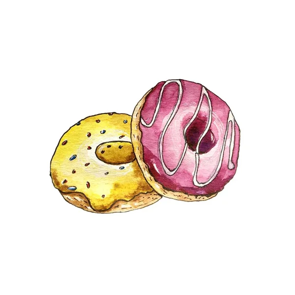 Два Восхитительных Пончика Раскрашены Акварелью Белой Бумаге — стоковое фото
