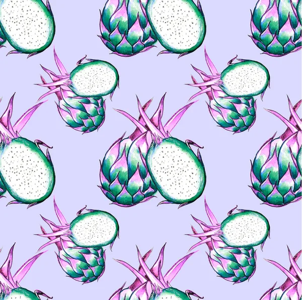 Pitahaya / Dragon fruit painted in watercolor. Seamless pattern for wrapping paper, fabrics, prints, covers.