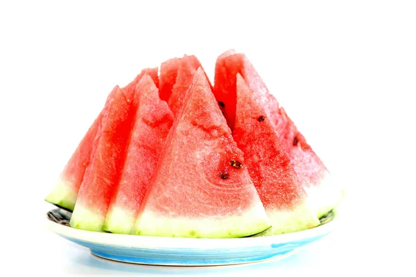 Stücke Saftig Reifer Süßer Natürlicher Wassermelone Auf Weiß Nützliche Vitamine — Stockfoto