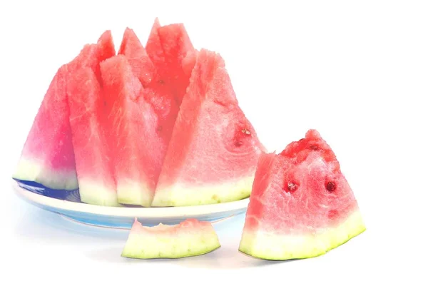 Stücke Saftig Reifer Süßer Natürlicher Wassermelone Auf Weiß Nützliche Vitamine — Stockfoto