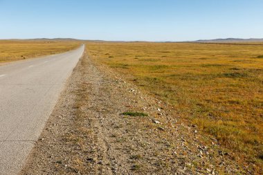 Moğol bozkır, Moğolistan, güzel manzara asfalt yol