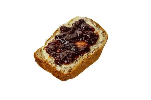 Kromka Białego Chleba Masłem Dżemem Truskawkowym Białym Tle — Zdjęcie stockowe