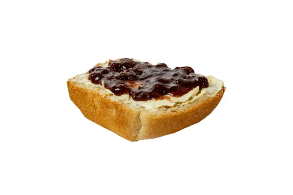 Kromka Białego Chleba Masłem Dżemem Truskawkowym Białym Tle — Zdjęcie stockowe