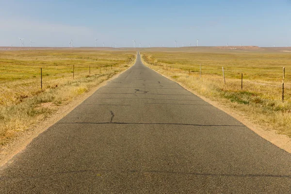 Rüzgar jeneratörleri ufukta, Inner Mongolia, China ile bozkır asfalt yol