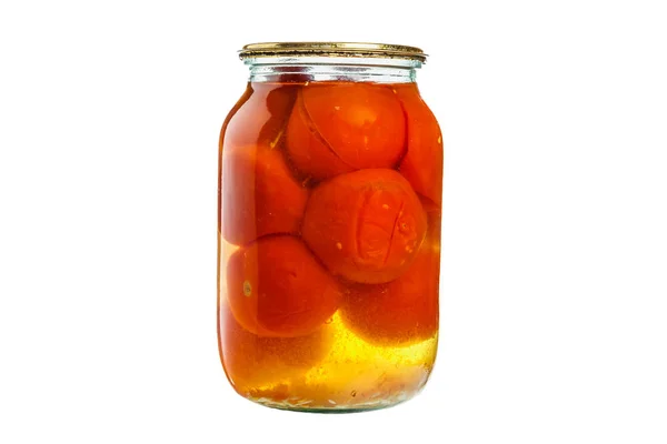Tomaten groenten in blik in glazen potten — Stockfoto