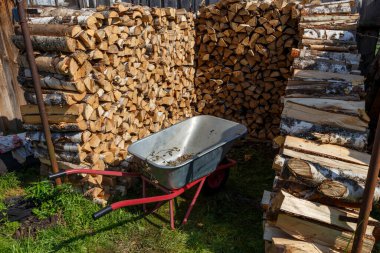 Kış için odun topluyorum. Boş bir araba yakacak odun yığınının yanında duruyor..