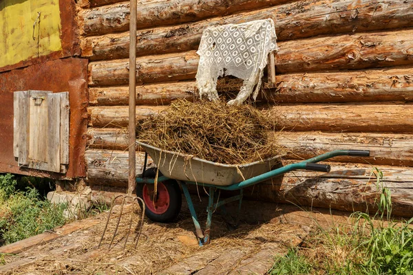 Садовая Тележка Коровьим Навозом Стоит Стены Сарая — стоковое фото