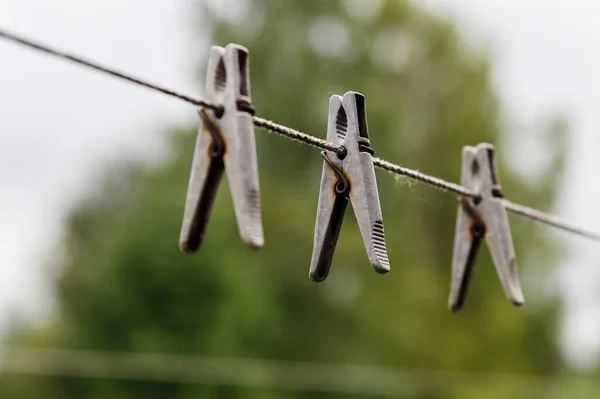 Pinces Linge Suspendues Une Corde Trois Pinces Linge Pendent Une — Photo