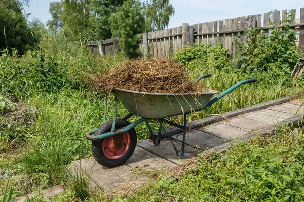 Carrinho Jardim Com Esterco Vaca Natural Carrinho Está Uma Ponte — Fotografia de Stock