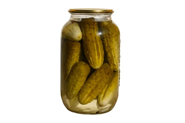 Jar of canned cucumbers isolated on white — Stock Photo, Image