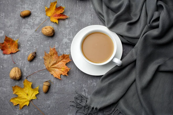 Jesienna kompozycja. Filiżankę kawy, koc, autumn odchodzi, na szarym tle. Widok płaski świeckich, top. — Zdjęcie stockowe