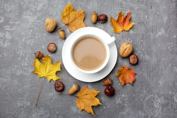 Composição do outono. Xícara de café, folhas de outono em fundo cinza. Deitado plano, vista superior . — Fotografia de Stock