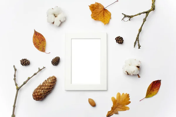 秋季相框, 干花和叶子在白色背景。平躺, 顶部视图, 复制空间 — 图库照片