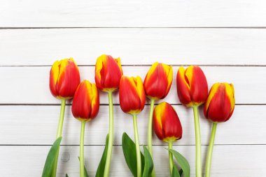 Beyaz ahşap masa üzerinde kırmızı lale demet. Kopya alanı ile banner