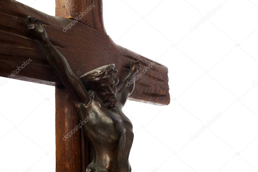 A wood carved statue of the Crucifixion of Jesus Christ