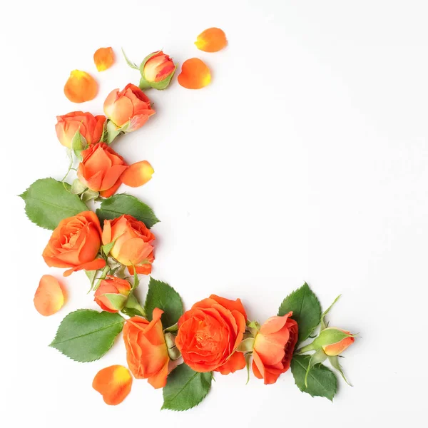 白い背景にオレンジ色のバラからのフレームワーク。平らな横たわる。トップビュー — ストック写真