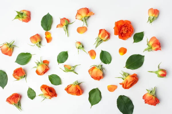Floral μοτίβο κατασκευασμένο από πορτοκαλί τριαντάφυλλα σε λευκό φόντο. Επίπεδη όψη, κορυφή. Ημέρα της μητέρας φόντο. Floral μοτίβο. — Φωτογραφία Αρχείου