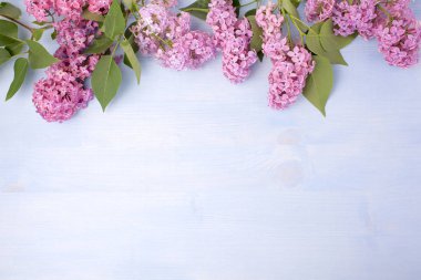 Kopya alanı ile pastel ahşap arka plan üzerinde Bahar Leylak çiçekler. Üst görünüm, düz yatıyordu