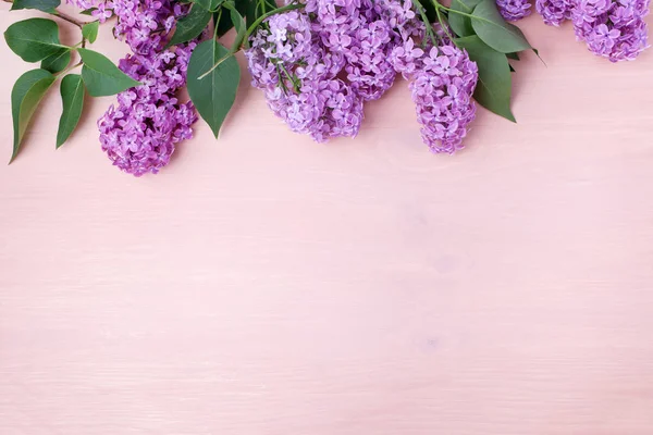 Весняні квіти бузку на пастельному дерев'яному фоні з копіювальним простором. Вид зверху, плоский ліжко — стокове фото