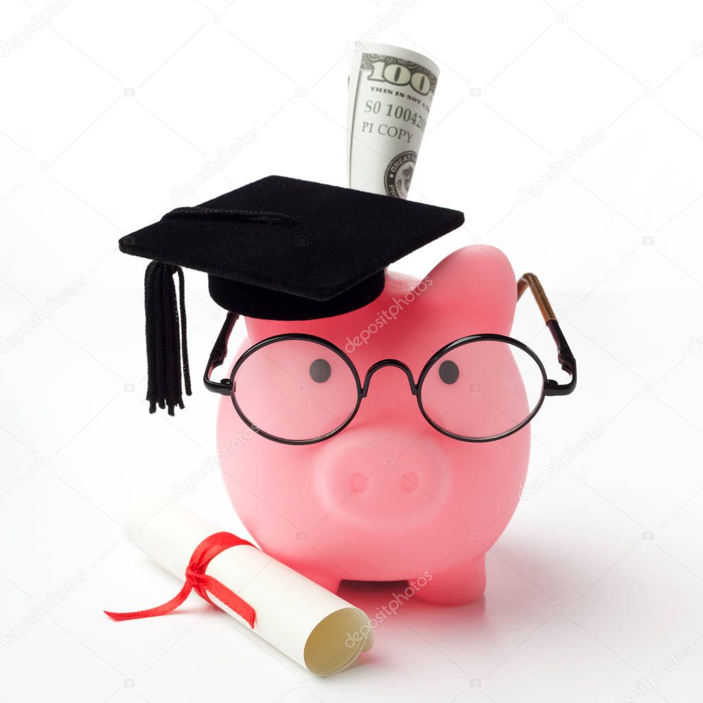 College graduate student diploma piggy bank isolated on white background