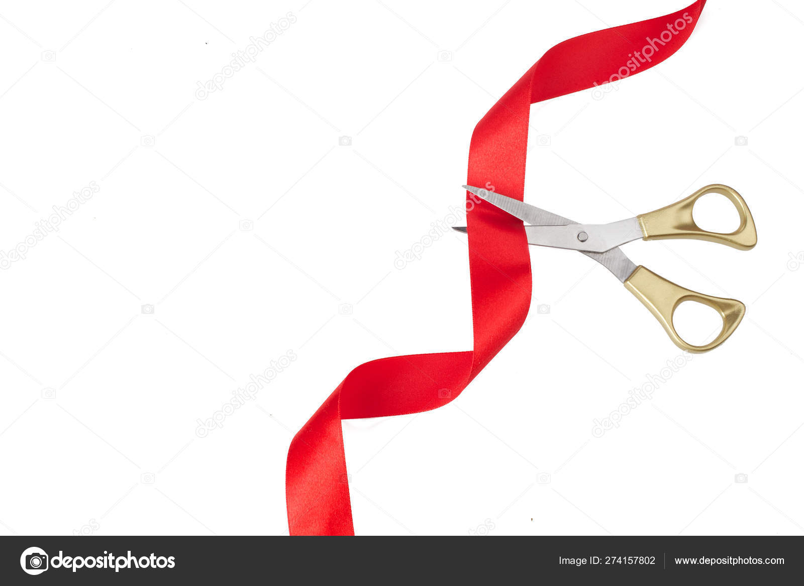 Grand opening. Top view of gold scissors cutting red ribbon on wite  background. Stock Illustration by ©vetre #274157802