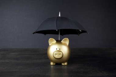 Finans sigortası, koruma, güvenli yatırım veya bankacılık için şemsiye konsepti ile altın Piggy Bankası