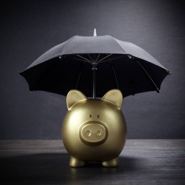 Finans sigortası, koruma, güvenli yatırım veya bankacılık için şemsiye konsepti ile altın Piggy Bankası