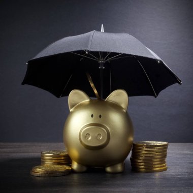 Finans sigortası, koruma, güvenli yatırım veya bankacılık için şemsiye konsepti ile altın Piggy Bankası