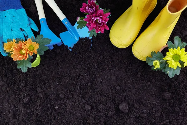 Narzędzia ogrodnicze i rośliny na tle gleby. Koncepcja Garden Works. Widok z góry. — Zdjęcie stockowe