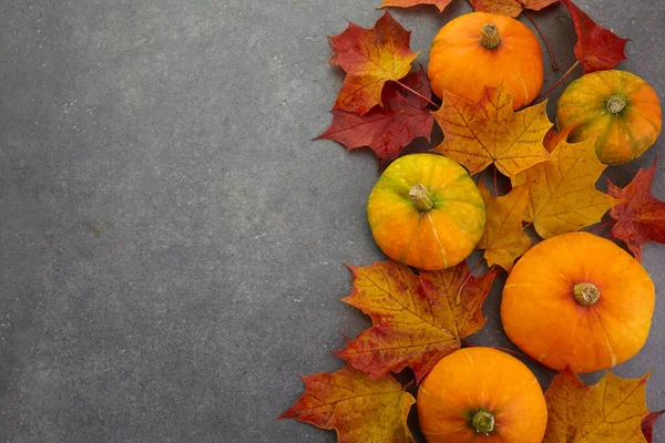 Thanksgiving eller höst semester bakgrund, ovanifrån, kopiera utrymme. semester sammansättning med pumpor, höstlöv. — Stockfoto