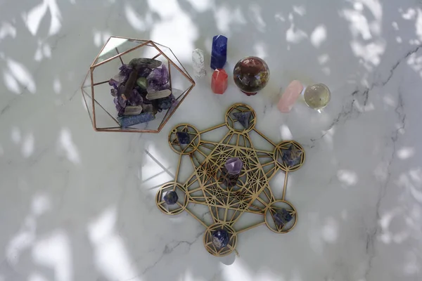 Meditation, reiki and spiritual healing background. Healing crystals grid.