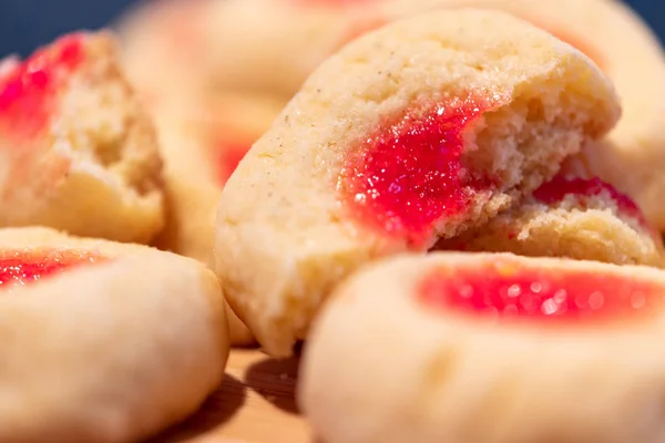 delicious baked biscuits with strawberry jelly for breakfast or family snack