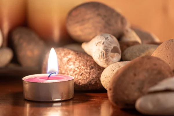 Piedras Energéticas Luz Suave Velas Aromáticas Para Sesión Yoga Casa — Foto de Stock