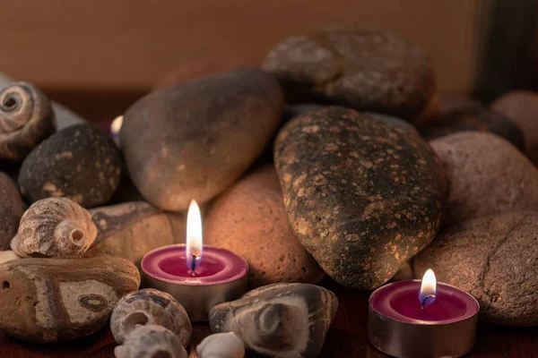 Piedras Energéticas Luz Suave Velas Aromáticas Para Sesión Yoga Casa — Foto de Stock