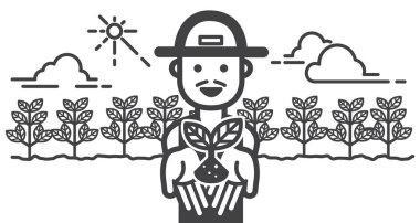 Bir çiftçi gülümseyen ve mutlu manzara görünümü ile organik çiftlik önünde elinde genç bitki gösterir. Vektör çizimi