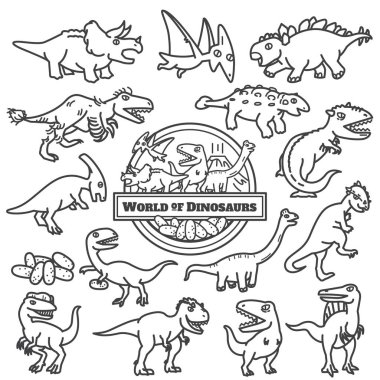 Dinozorlar Dünyası karakter tasarımı. Vektör illüstrasyonu tek çizgi vuruşu.