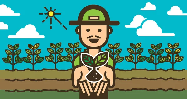 農家は 笑顔と幸せな風景の景色と有機農場の手の前に若い植物を示しています ベクトルイラスト — ストックベクタ
