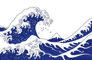Japonya büyük dalga vektör illüstrasyon. Büyük Asya okyanus dalgası ve dağ illüstrasyonu. Beyaz arka planda izole edilmiş. Kanagawa Okyanusu.