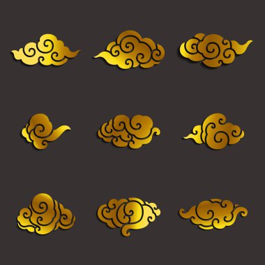 Altın siluet bulutları tek çizgi vuruş vektörü kümesi.