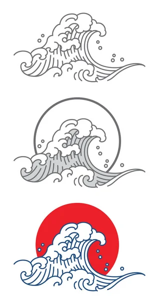 Japón gran ola oceánica y puesta de sol . — Vector de stock