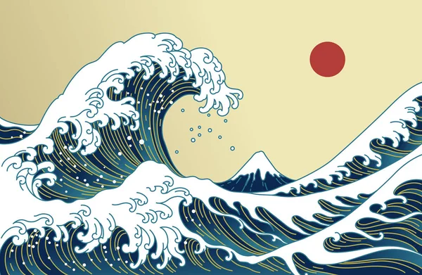 Grande Vague Océanique Asiatique Soleil Rouge Illustration Montagne Des Tons — Image vectorielle