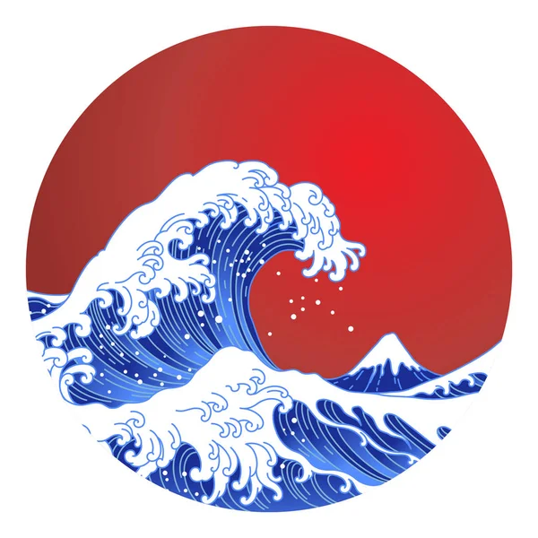 Japan Oriental Great Wave Sun Shape Vector Big Asian Ocean — Stock Vector